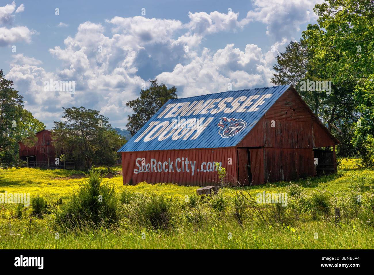 Rural, Tennessee, USA - 30 aprile 2025: Cartelli pubblicitari per Rock City, una destinazione turistica, vista nel Tennessee rurale. Foto Stock
