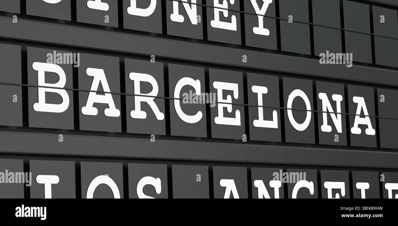 Barcellona, Spagna, destinazione di viaggio, partenza dall'aeroporto. Barcellona, Spagna, destinazione di viaggio, partenza dall'aeroporto. Turismo, prenotazione, vacanza, viaggio, vacanza, viaggio. Illustrazione 3D banner Travel 010s destination barcelona Foto Stock