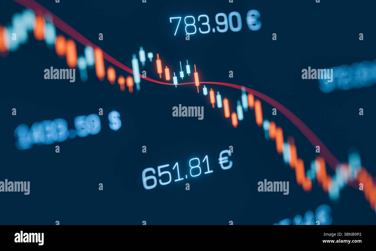 Grafico ravvicinato in discesa, prezzi delle azioni. Grafico ravvicinato in discesa, prezzi delle azioni. Mercato azionario e borsa valori, perdita, recessione, rischio, dati, volatilità, investimenti. img stock market109s04 chart moving down Foto Stock