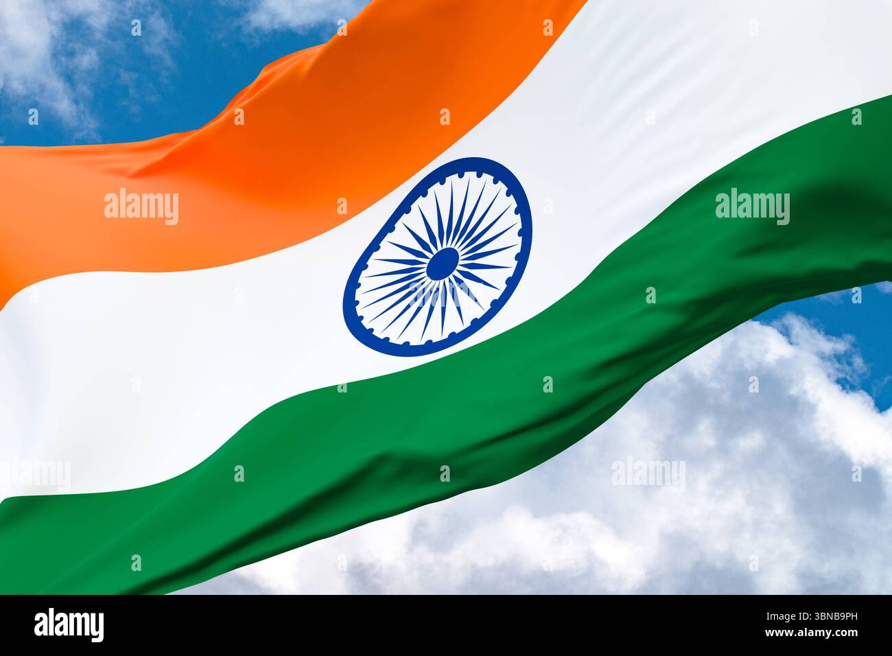 Primo piano, sventolando la bandiera dell'India. Primo piano, sventolando la bandiera dell'India. Cielo blu con nuvole sullo sfondo. Viaggio, turismo, viaggio, paese, destinazione, vacanze, cultura indiana. Illustrazione 3D Country flag Waving india Foto Stock