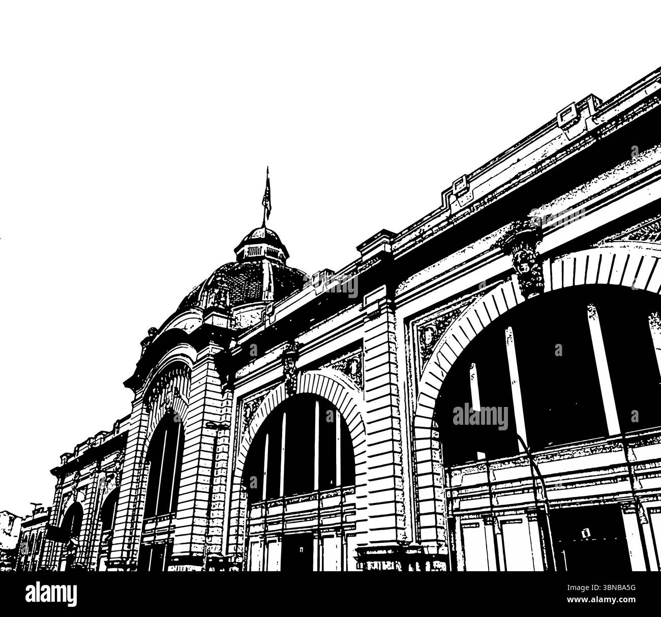 Mercato municipale di San Paolo, Brasile. Illustrazione in bianco e nero. Illustrazione Vettoriale