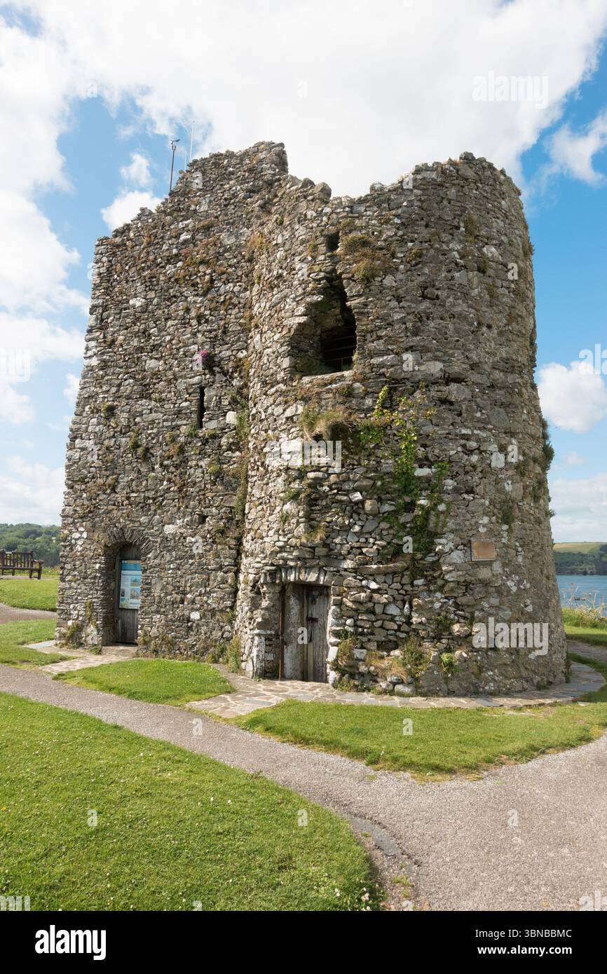 Le rovine del castello di Tenby su Castle Hill, Tenby, Pembrokeshire, Galles, Regno Unito Foto Stock