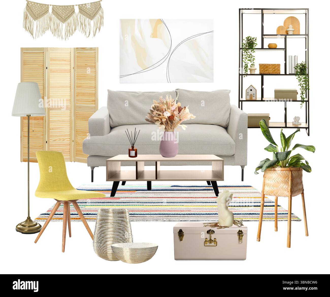 Diversi mobili ed elementi decorativi su sfondo bianco, collage. Interno del soggiorno Foto Stock