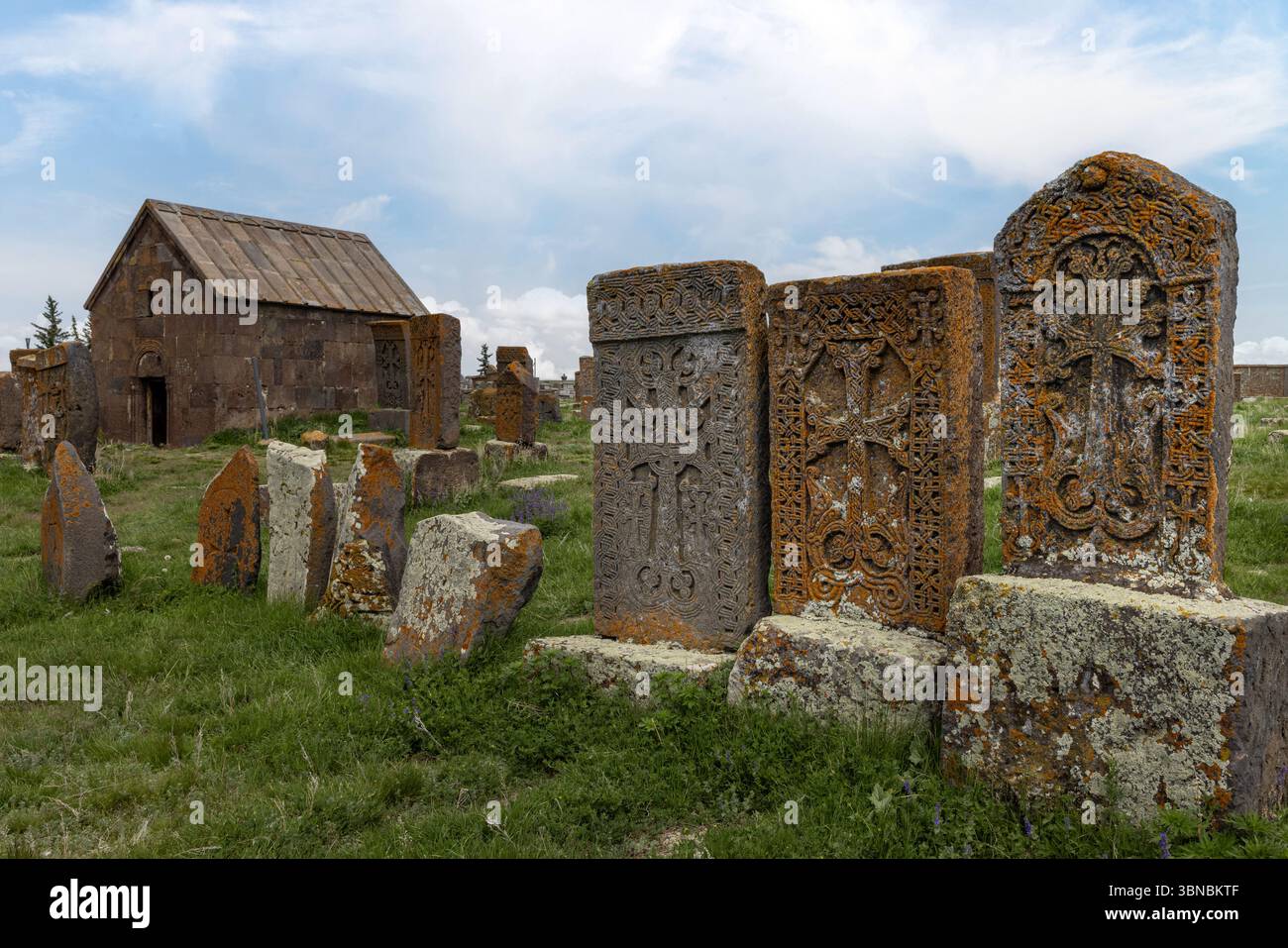 Noratus è il più grande cimitero storico sopravvissuto in Armenia, famoso per la sua vasta collezione di khachkar medievali (pietre incrociate), alcuni datati a Th Foto Stock