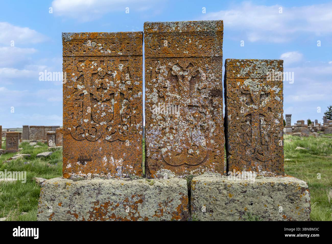 Noratus è il più grande cimitero storico sopravvissuto in Armenia, famoso per la sua vasta collezione di khachkar medievali (pietre incrociate), alcuni datati a Th Foto Stock