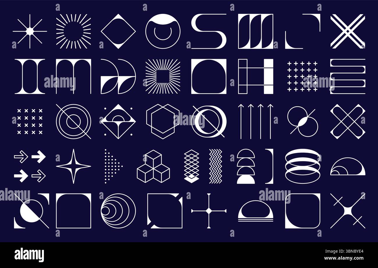Brutalismo forme future ed elementi moderni o figure geometriche, icone vettoriali. Geometria del brutalismo astratto e forme minimali, simbolo della stella e linea della griglia elementi di base e semplici figure primitive Illustrazione Vettoriale