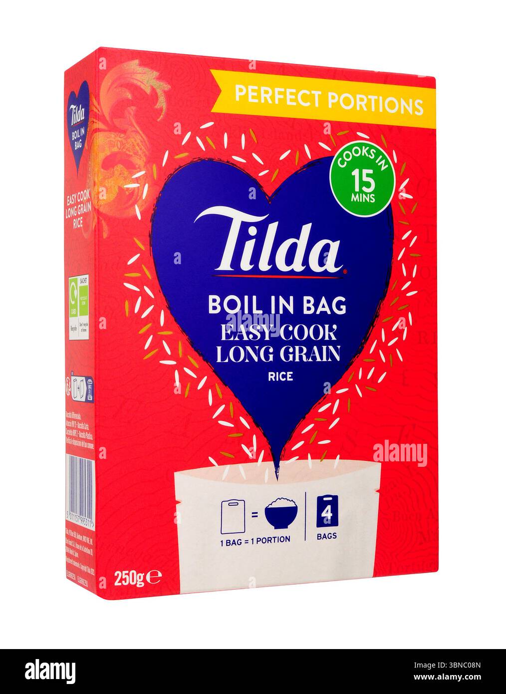 Le porzioni Tilda Perfect bollono nel sacchetto cuocere facilmente riso a grani lunghi in una scatola contenente quattro sacchetti da 62 g Foto Stock