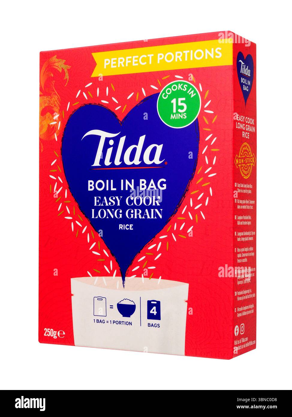 Le porzioni Tilda Perfect bollono nel sacchetto cuocere facilmente riso a grani lunghi in una scatola contenente quattro sacchetti da 62 g Foto Stock