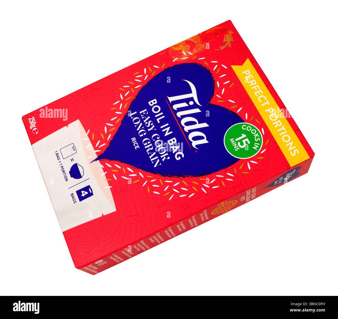 Le porzioni Tilda Perfect bollono nel sacchetto cuocere facilmente riso a grani lunghi in una scatola contenente quattro sacchetti da 62 g Foto Stock