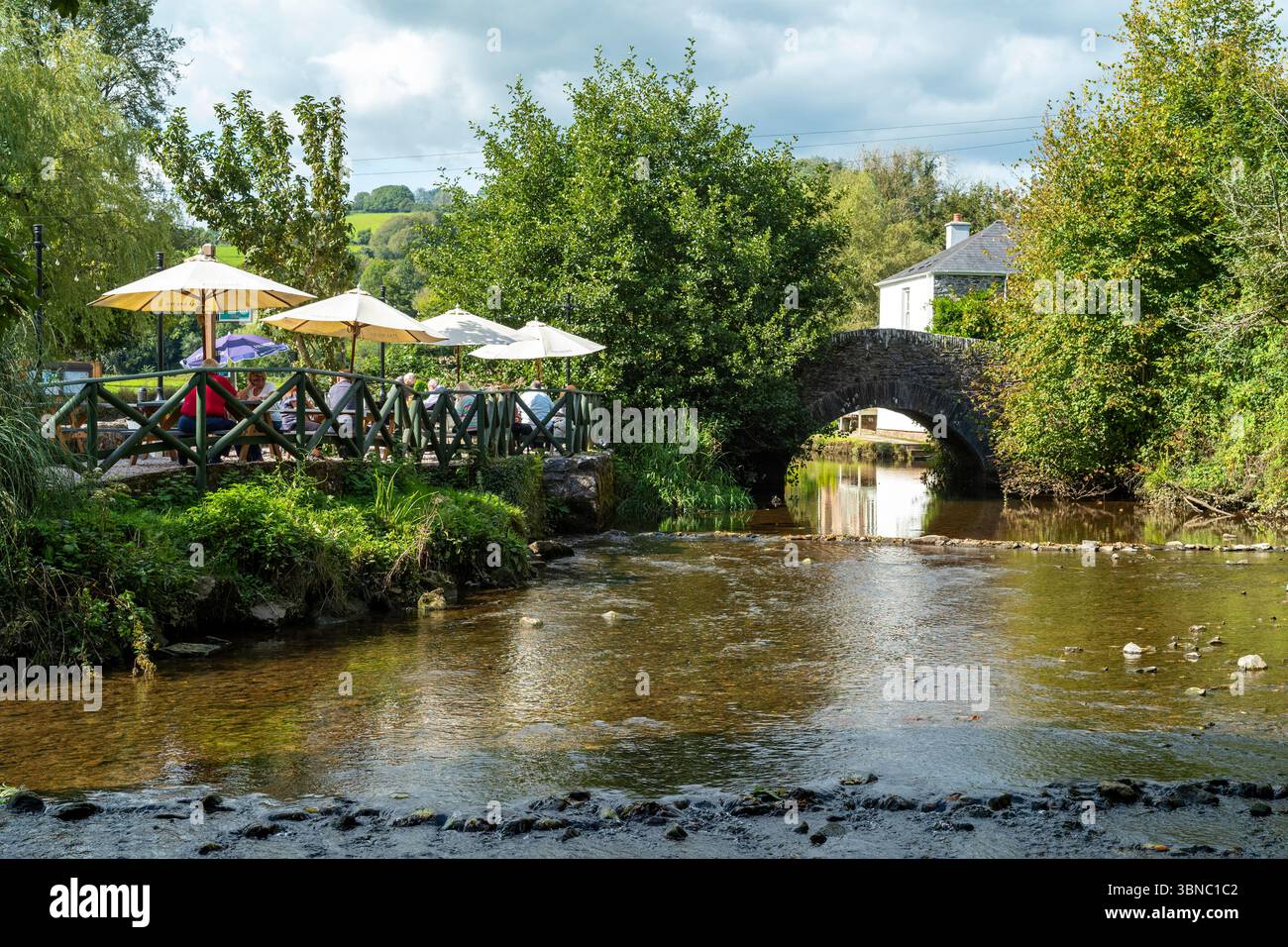Ombrelloni per cene all'aperto in riva al fiume a Devon, Inghilterra, Regno Unito Foto Stock
