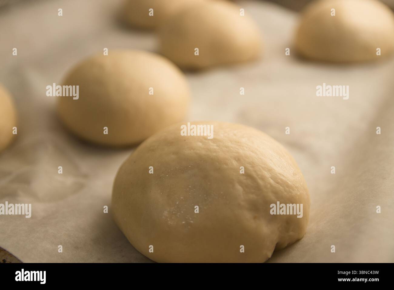 Un vassoio da forno con diverse palline di impasto fatto in casa illuminate da dietro Foto Stock
