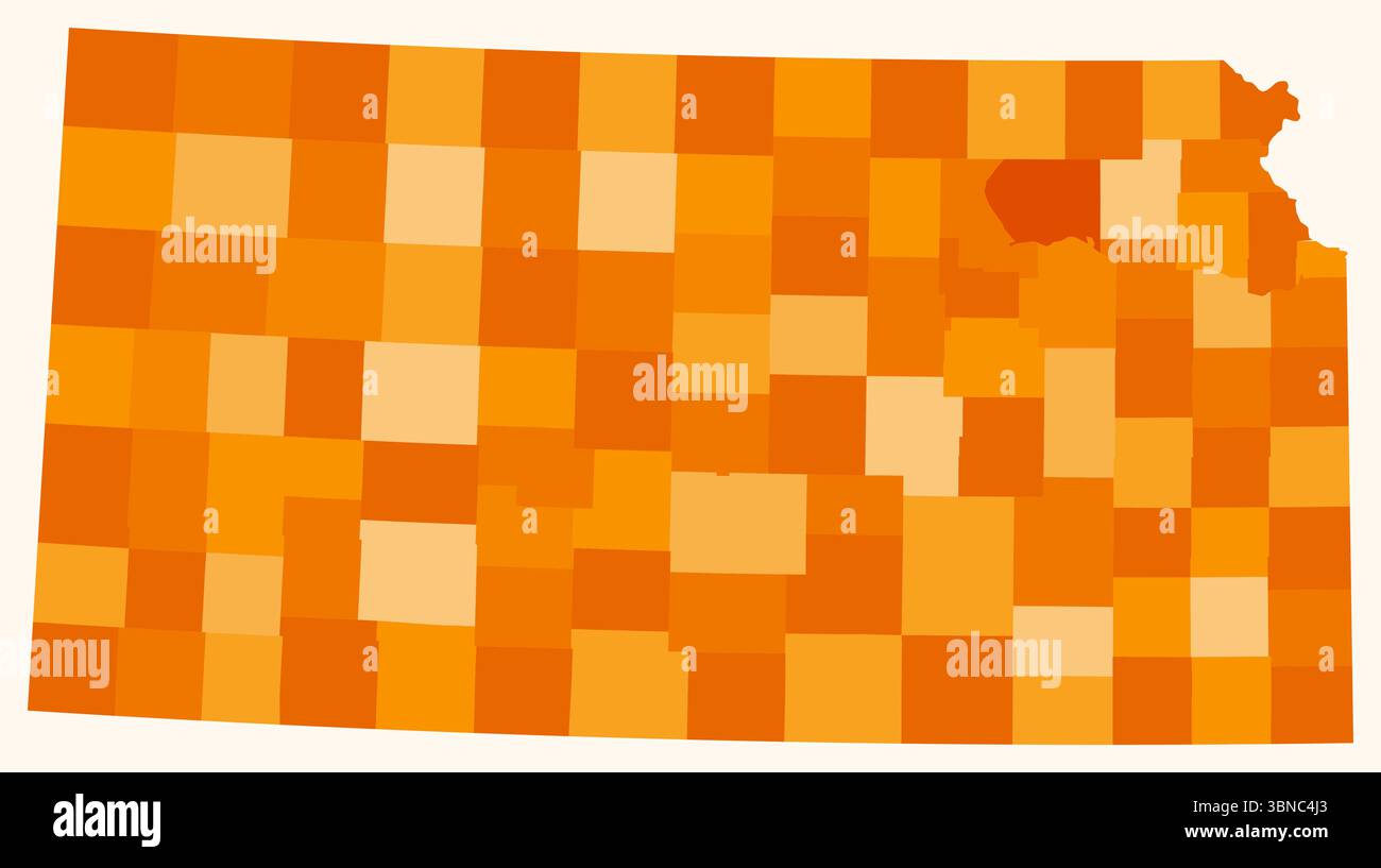 Mappa del Kansas con le contee. Solo una semplice mappa del confine di stato con la divisione della contea. Tavolozza dei colori arancione. Illustrazione Vettoriale