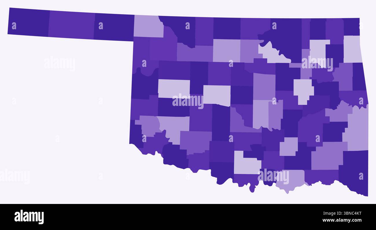 Mappa dell'Oklahoma con le contee. Solo una semplice mappa del confine di stato con la divisione della contea. Tavolozza di colori viola intenso. Illustrazione Vettoriale