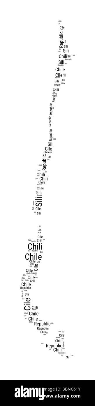 Nuvola di parole in bianco e nero a forma di Cile. Semplice illustrazione del paese in stile tipografico. Nuvola di testo nera Cile su sfondo bianco. Illustrazione Vettoriale