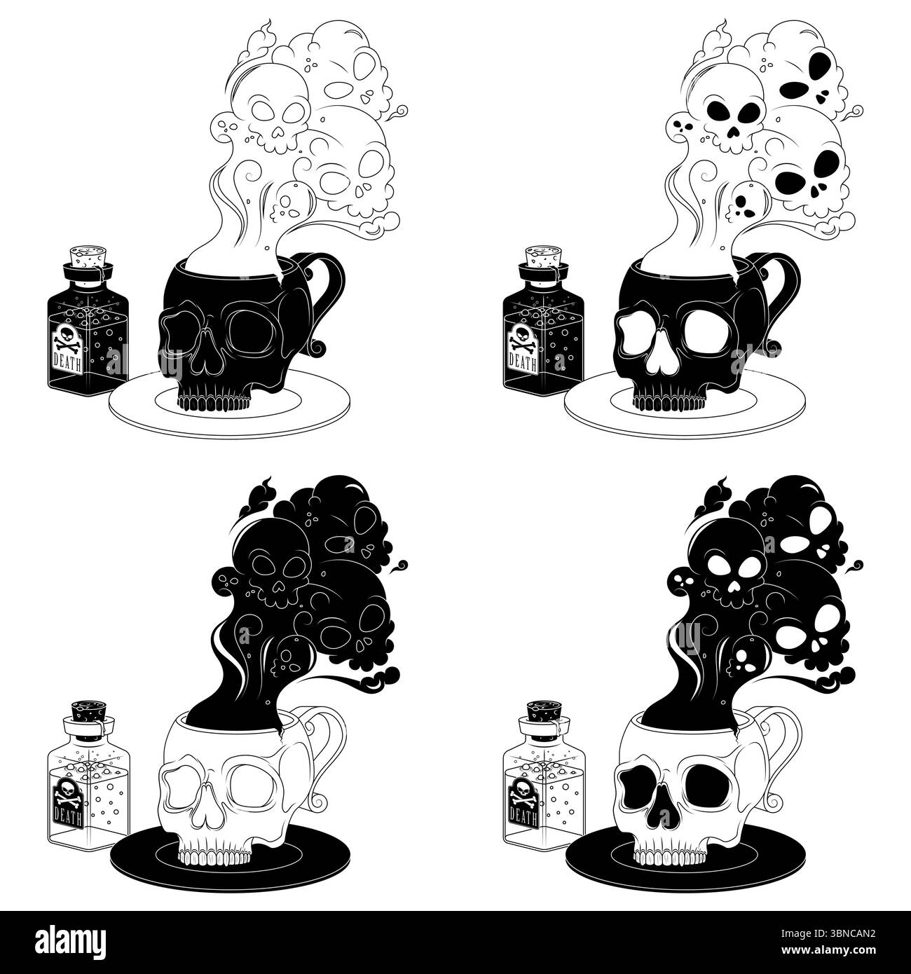 Tazza di tè avvelenato con forma di cranio umano, tazza di caffè a forma di cranio con fumo tossico di morte, tazza demoniaca per Halloween Illustrazione Vettoriale