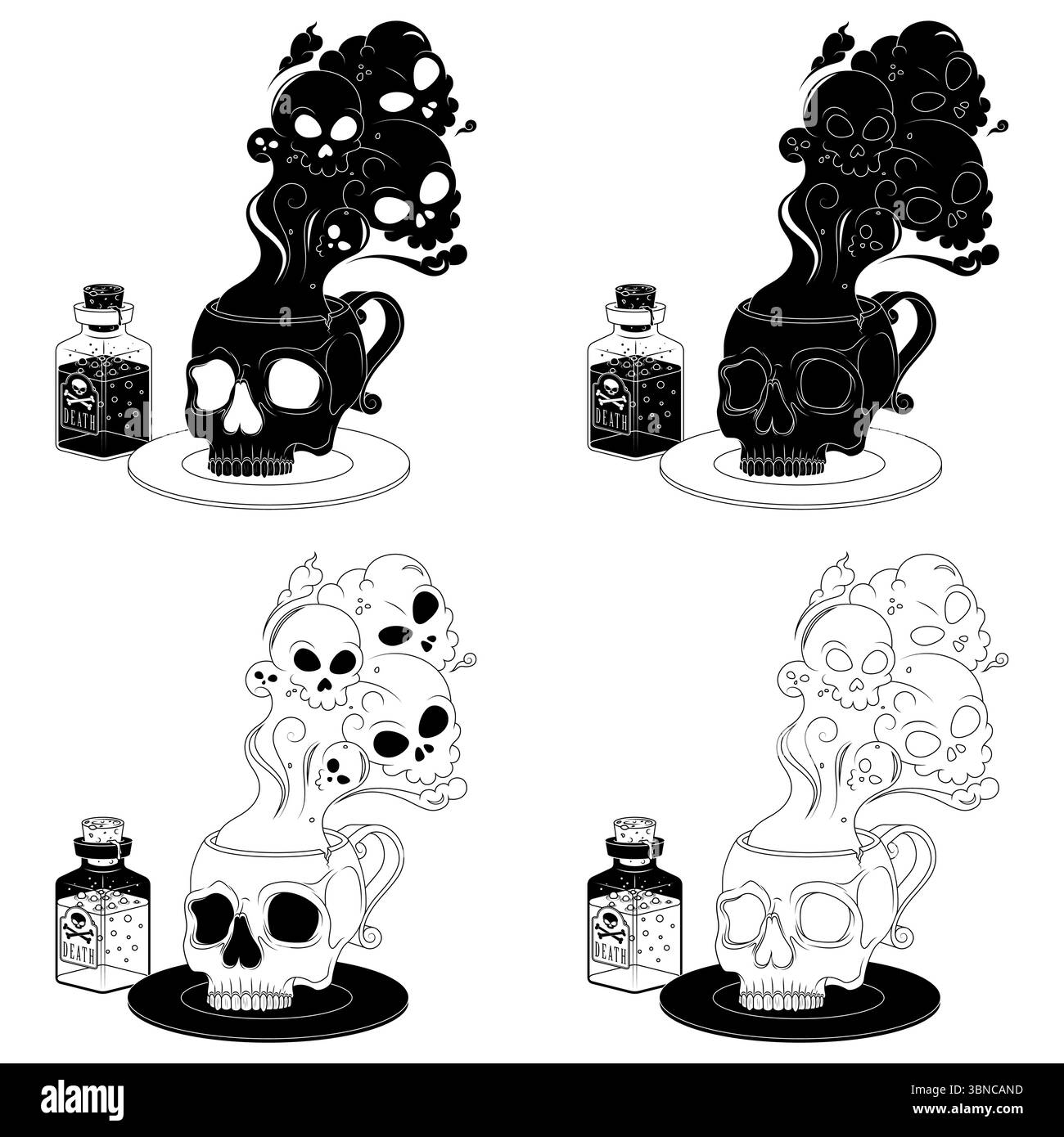 Tazza di tè avvelenato con forma di cranio umano, tazza di caffè a forma di cranio con fumo tossico di morte, tazza demoniaca per Halloween Illustrazione Vettoriale