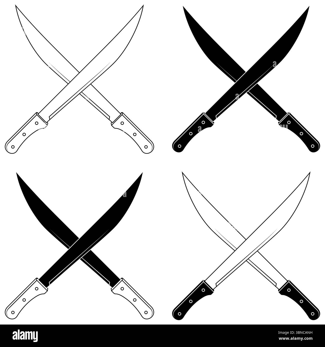 Arma bianca con lama metallica, machete per lavori agricoli, machete incrociati Illustrazione Vettoriale