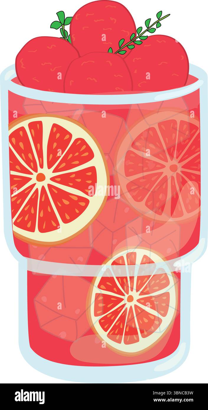 Illustrazione vettoriale di una bevanda fruttata ghiacciata con fette di pompelmo, cubetti di ghiaccio e guarnizioni di frutta in un bicchiere trasparente. Perfetto per l'estate o per il digitale Illustrazione Vettoriale