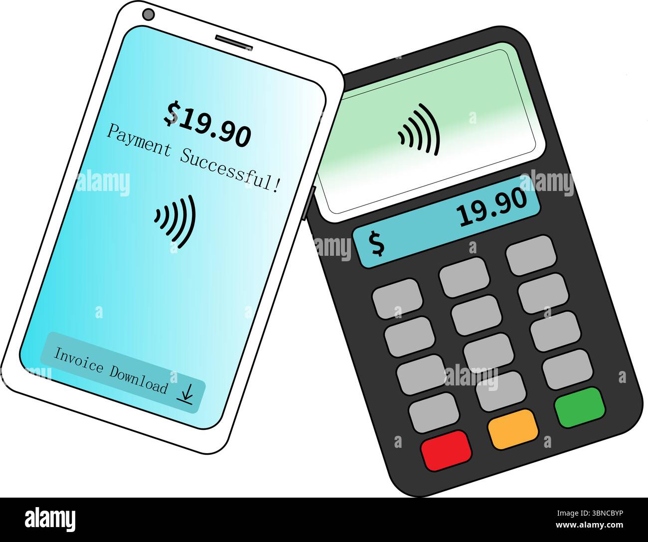 Pagamenti mobili senza contatto tramite smartphone e terminale POS. Illustrazione Vettoriale
