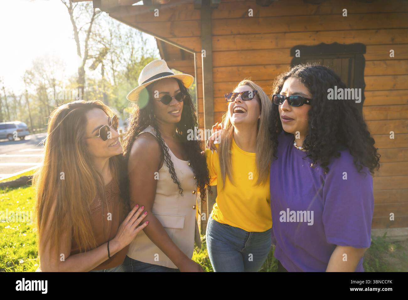 Quattro diverse amiche che ridono e si legano sotto il sole caldo, godendosi una giornata spensierata all'aperto in un parco vivace Foto Stock