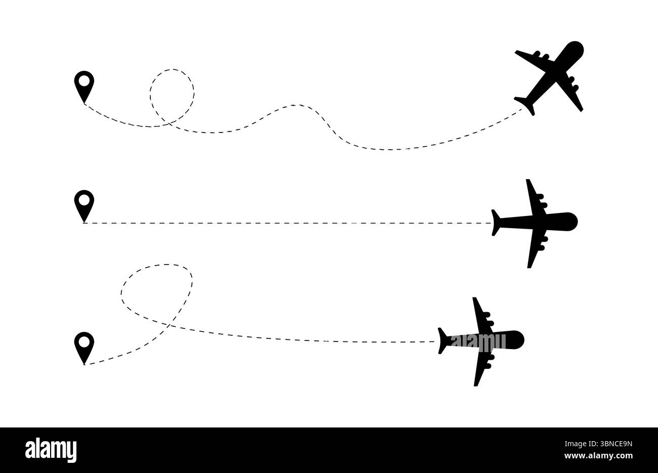 Illustrazione del vettore di rotta del velivolo per la destinazione del viaggio e il viaggio con la direzione della linea tratteggiata Illustrazione Vettoriale
