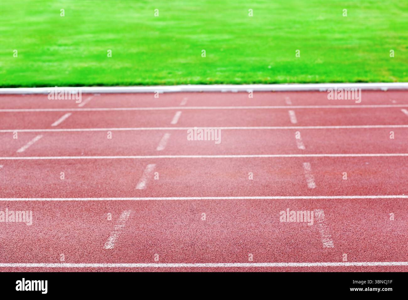 Il design piatto mostra corsie rosse in gomma per esterni con contrassegni bianchi che conducono al campo erboso Foto Stock