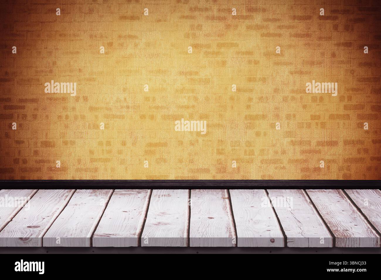 Pavimento in legno duro contro pareti gialle Foto Stock