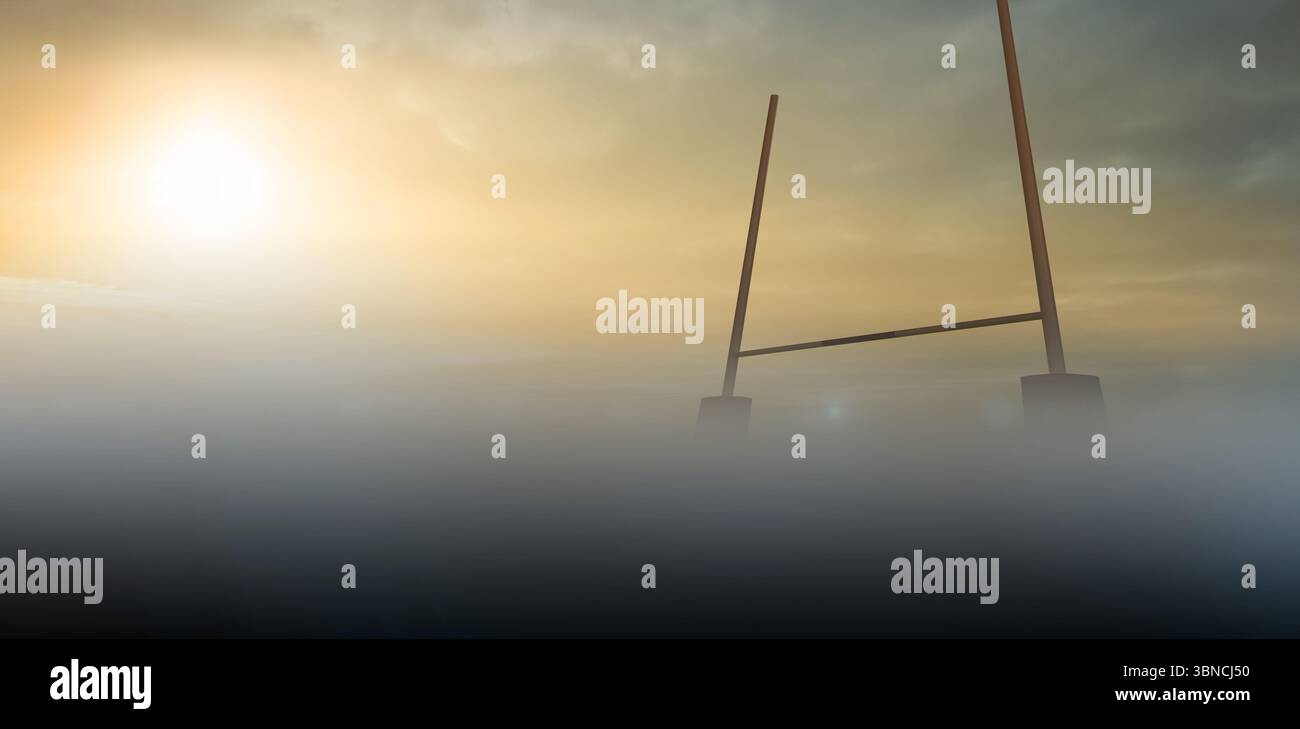 Il palo per il Rugby Goal si sta alzando dalla nebbia nebbiosa sotto il cielo dorato dell'alba in un design piatto Foto Stock