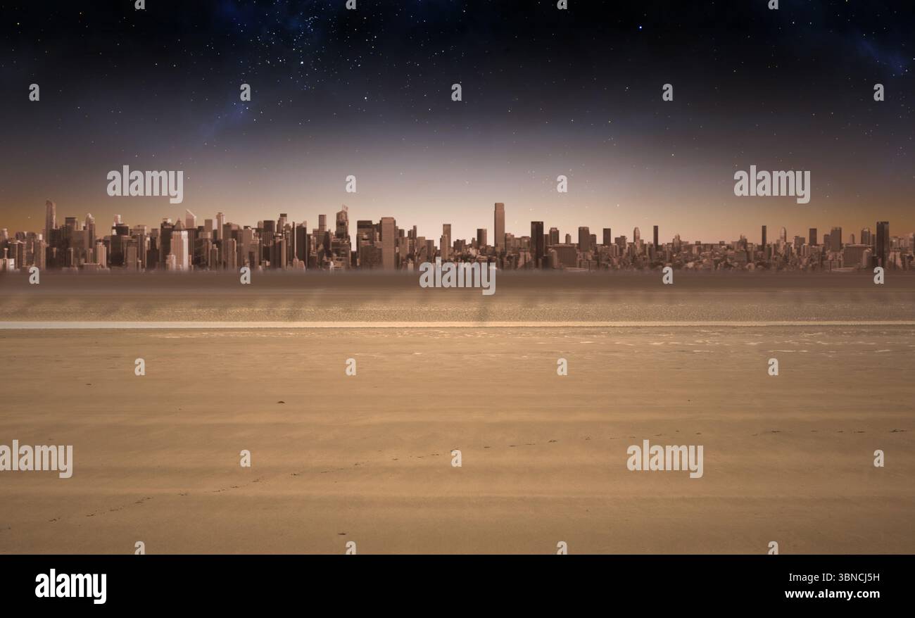 Il lontano skyline della città si estende su una pianura sabbiosa dal design piatto, con un cielo stellato al crepuscolo Foto Stock