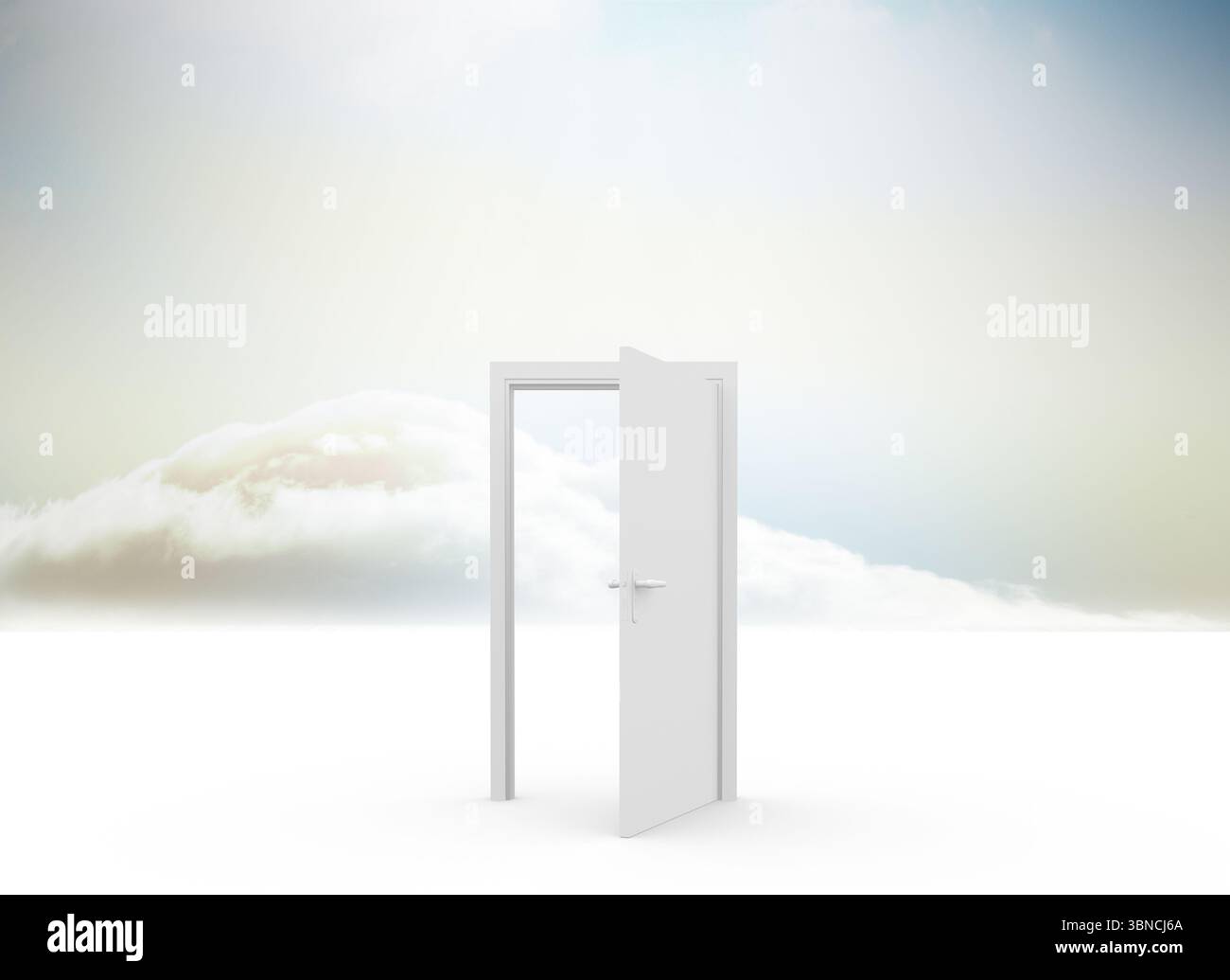 Il telaio della porta bianco solitario si apre rivelando l'orizzonte nuvoloso sul piano bianco in un design piatto Foto Stock