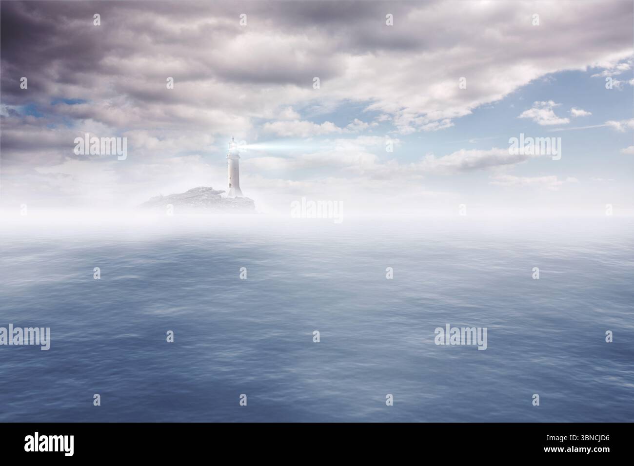 L'arte vettoriale piatta mostra un faro bianco solitario che splende luce su isolotto roccioso in mezzo al mare nebbioso Foto Stock