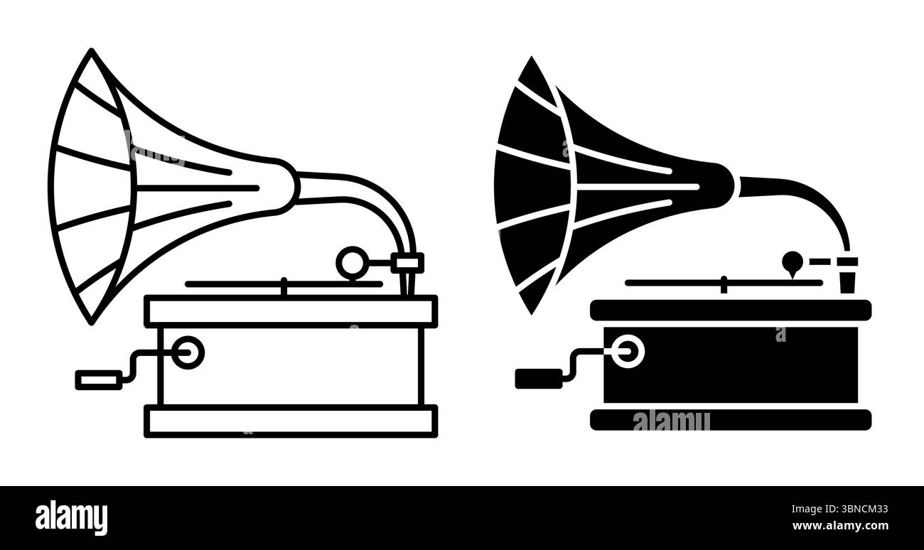 Icona lineare. Grammofono classico, vecchio dispositivo meccanico per la riproduzione di registrazioni audio. Grande clacson e base in metallo, piattaforma girevole per vinile. Semplice Illustrazione Vettoriale