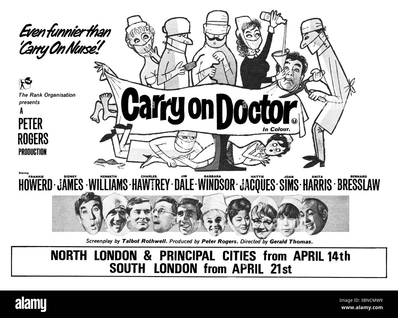 1968 pubblicità britannica per il film Carry on Doctor, con Frankie Howerd, Sid James, Kenneth Williams, Charles Hawtrey, Jim Dale, Barbara Windsor, Hattie Jacques, Joan Sims, Anita Harris e Bernard Bresslaw e diretto da Gerald Thomas. Foto Stock