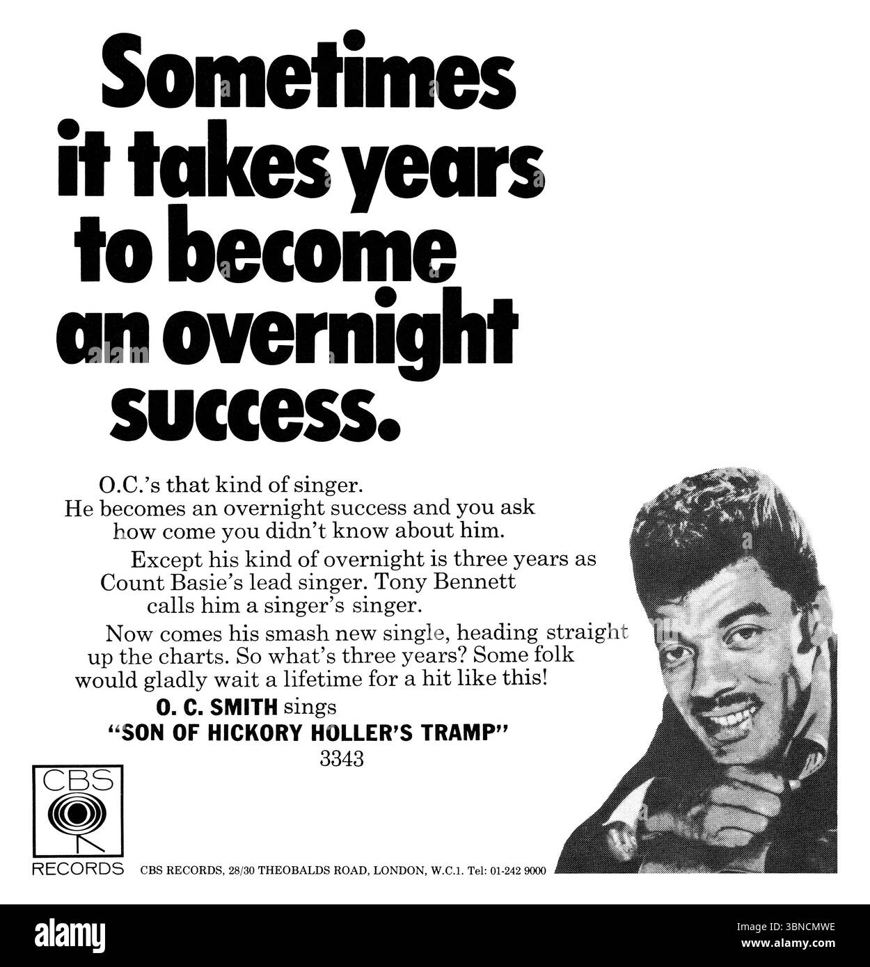 1968 pubblicità commerciale britannica della CBS Records per il singolo Son of Hickory Holler's Tramp di O. C. Smith. Foto Stock