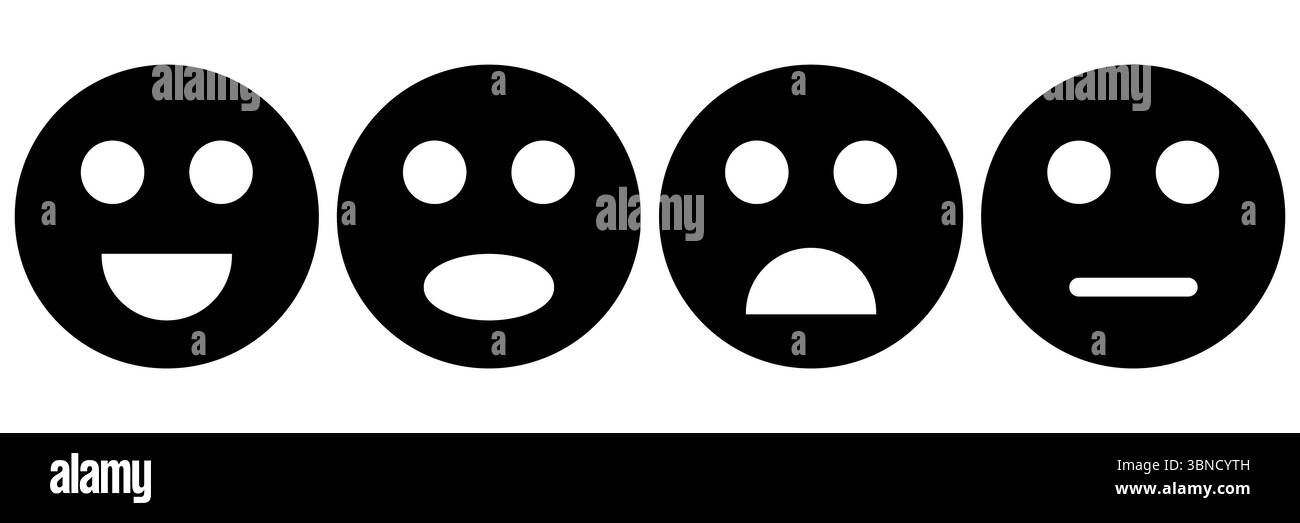 emozione del volto nero sul bianco.felice,wow,infelice,moderato,illustrazione vettoriale. Illustrazione Vettoriale