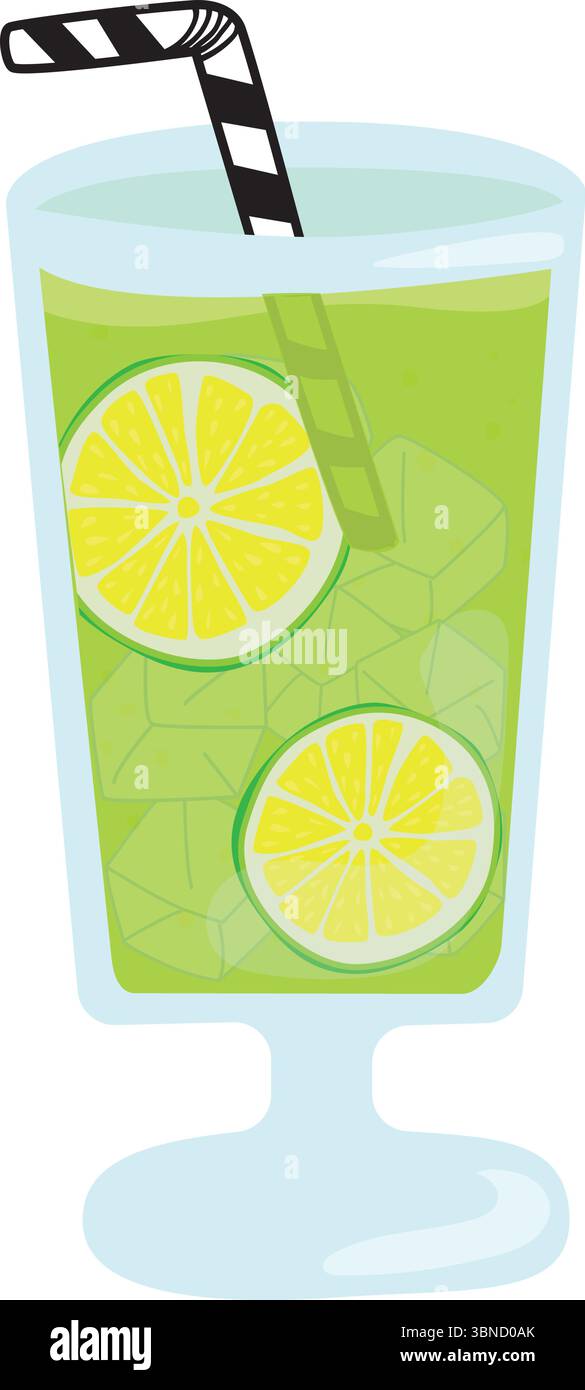 Illustrazione vettoriale di una bevanda frizzante a base di lime con cubetti di ghiaccio e fette in un alto vetro trasparente. Include cannuccia a strisce. Per uso estivo o digitale Illustrazione Vettoriale