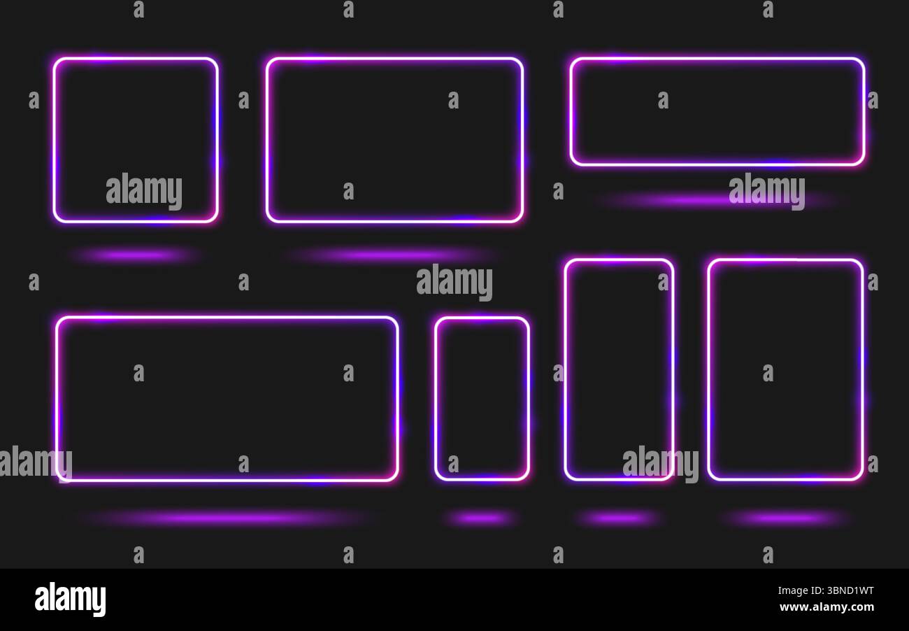 Set di cornici al neon con bordi luminosi quadrati e rettangolari in colori sfumati viola e rosa su sfondo nero. Rettangoli di luce elettrica per un design futuristico dell'interfaccia utente, interfacce cyberpunk. Illustrazione Vettoriale