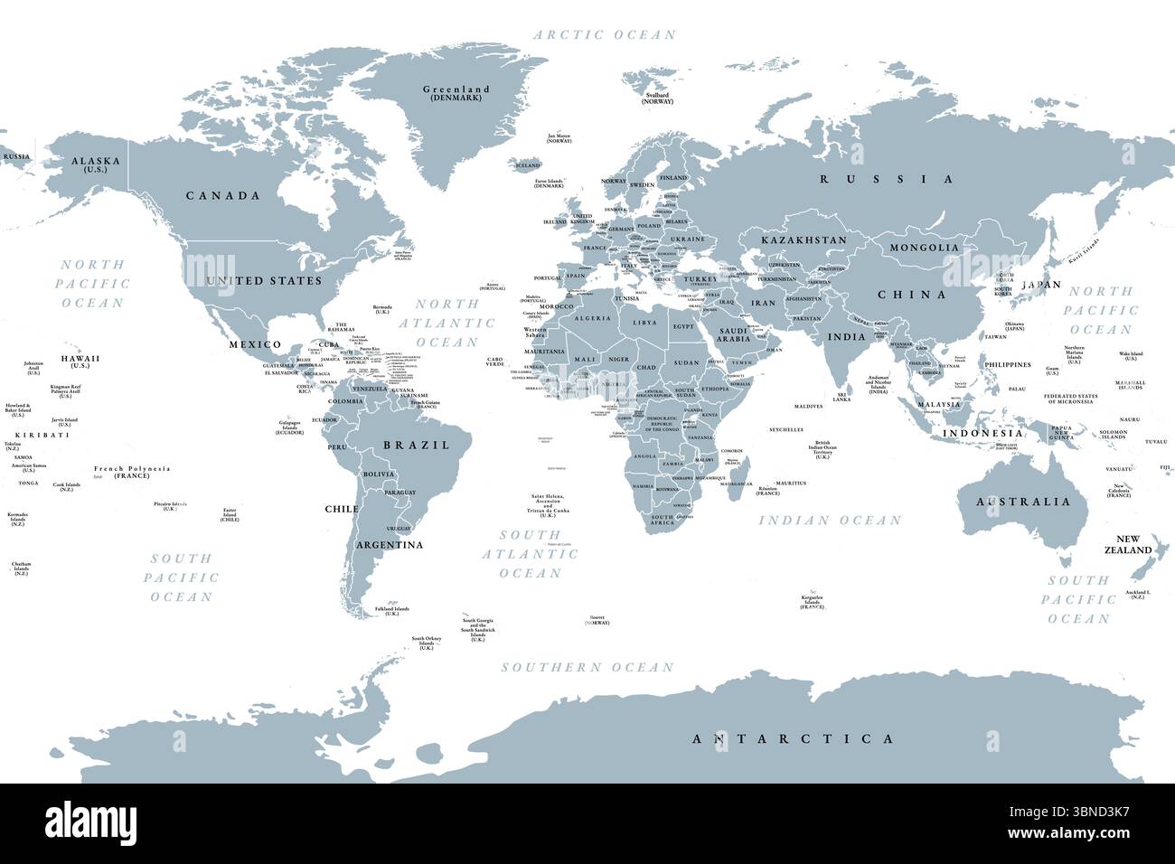 Il mondo, mappa politica grigia con confini internazionali, continenti, oceani principali e laghi più grandi, in una proiezione cilindrica. Foto Stock