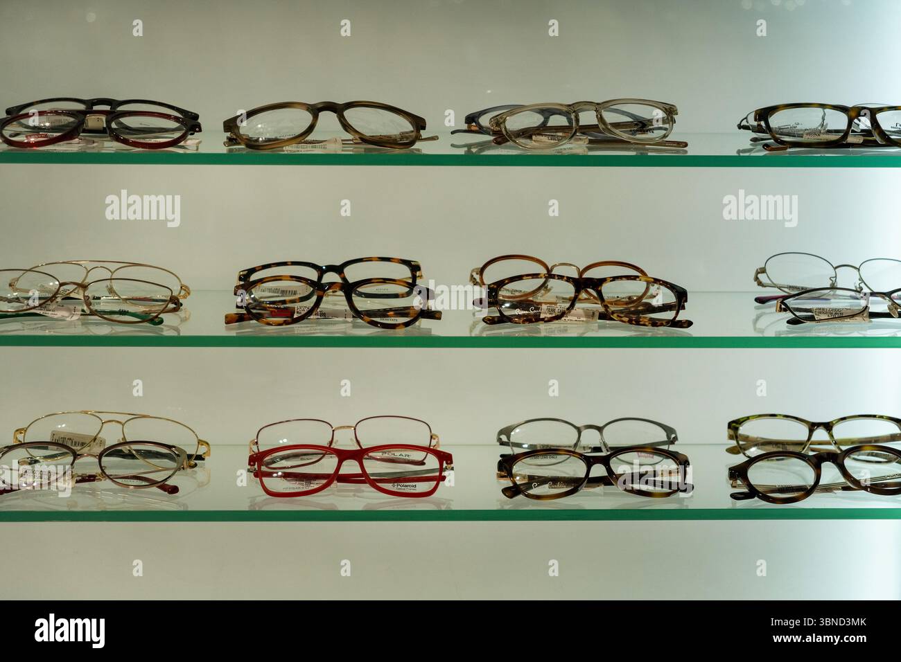 Fila di occhiali su uno scaffale, alcuni dei quali sono rossi. Gli occhiali sono disposti in modo da rendere più facile vedere i diversi stili e colori Foto Stock
