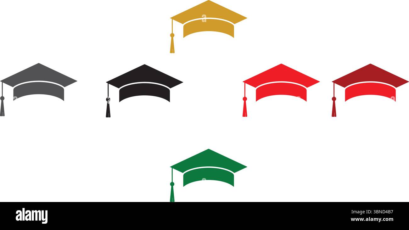 Set di icone del cappuccio di laurea – simboli di risultati accademici multicolori Illustrazione Vettoriale