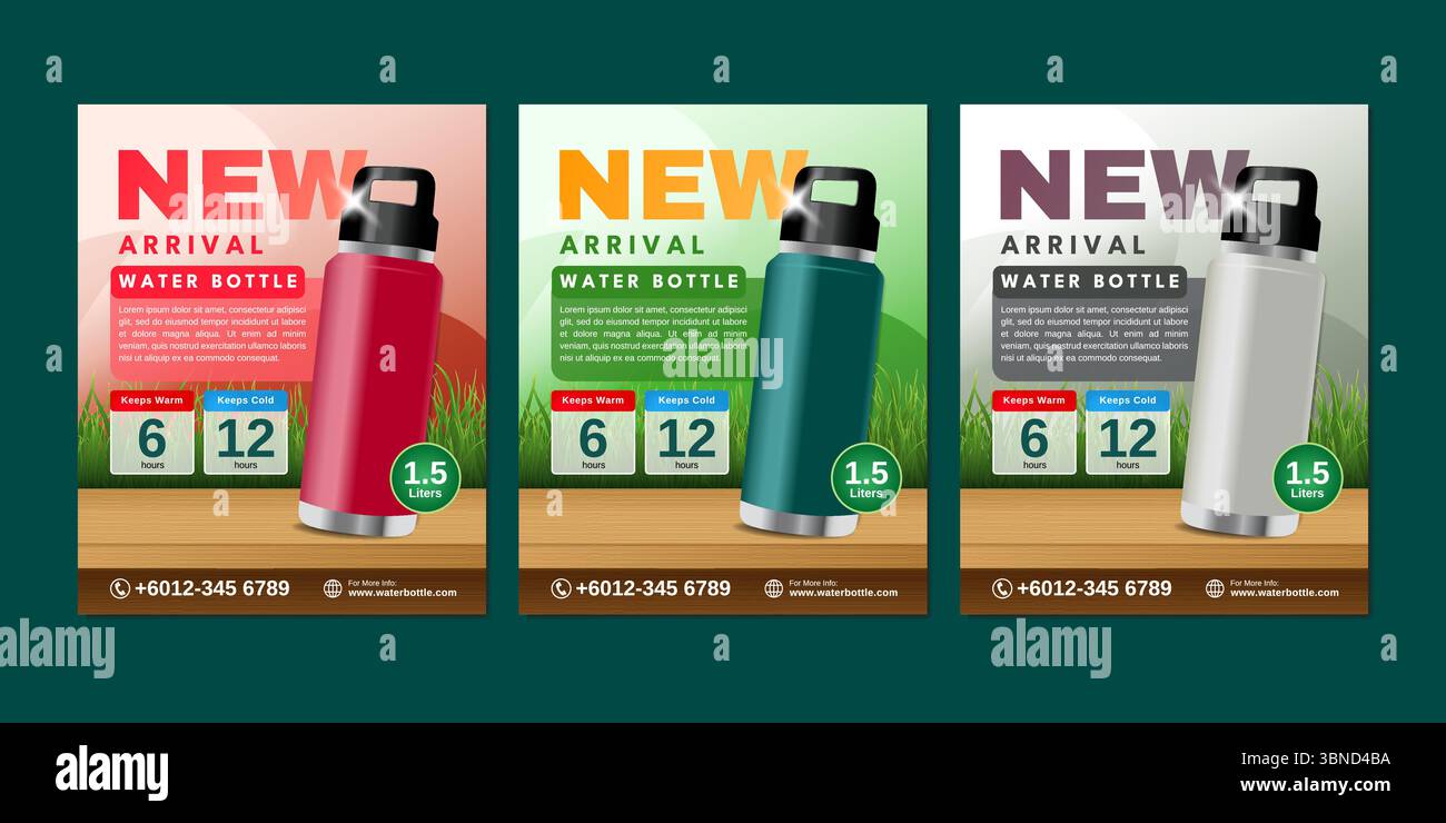 Modello promozionale moderno e pulito per le nuove bottiglie d'acqua di arrivo. Include i dettagli del prodotto e le icone. Perfetto per la grafica di lancio dei prodotti e la pubblicità Illustrazione Vettoriale