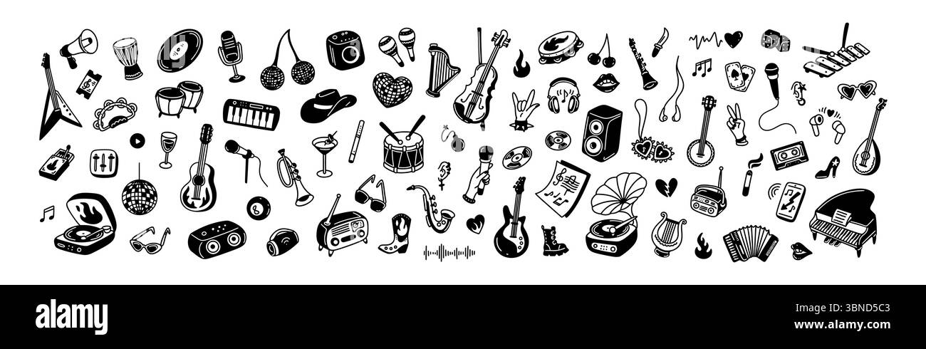 Elementi di design e icone per la musica Doodle scritte a mano. Punk, rock festival sketch background. Chitarra, pianoforte, flauto e altri strumenti musicali. Y2K ret Illustrazione Vettoriale