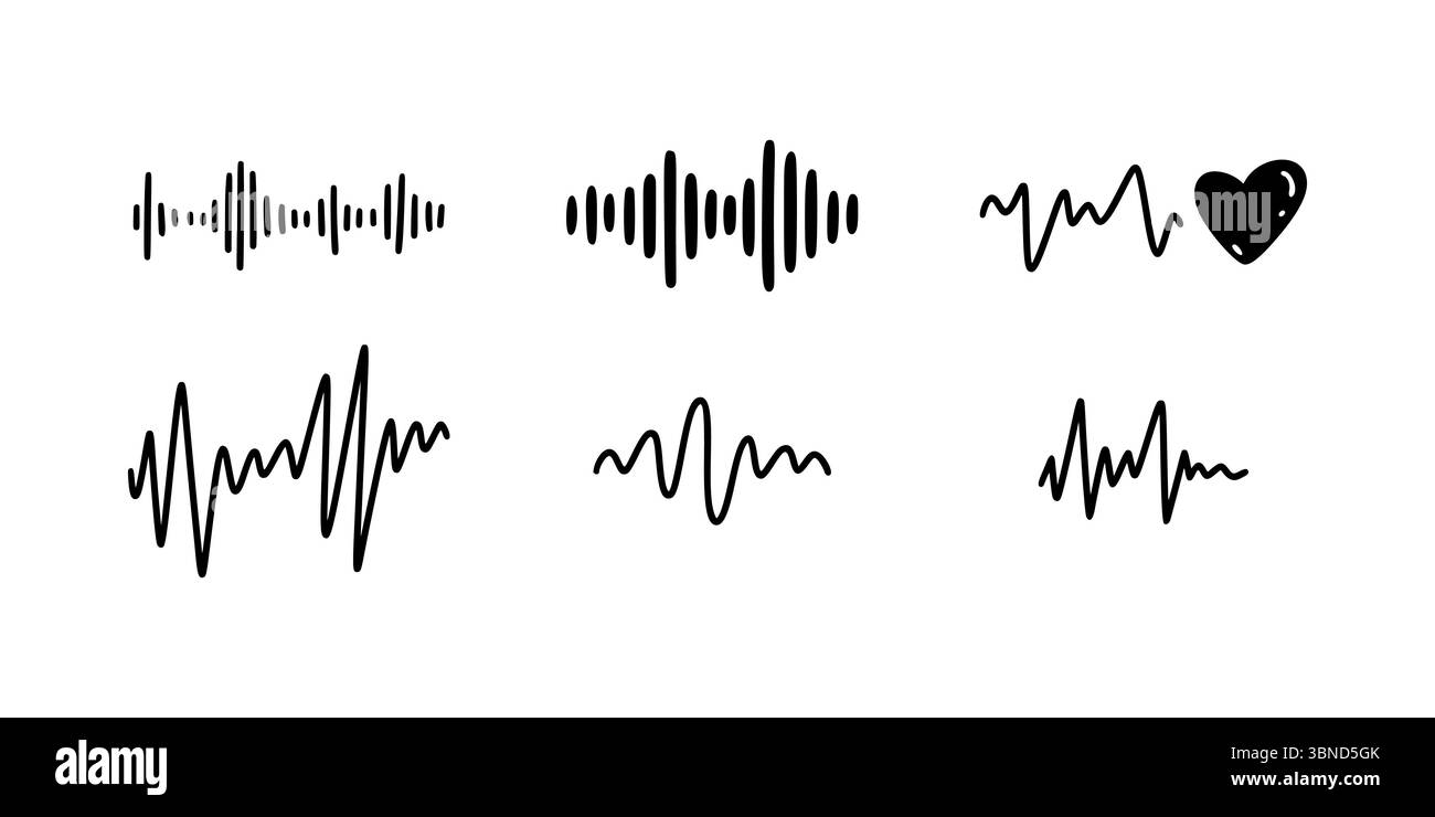 Onde sonore disegnate a mano. Illustrazione del vettore di radiofrequenza. Onda sonora musicale. Sismogramma sismico misura, sismogramma attività. Un lin Illustrazione Vettoriale