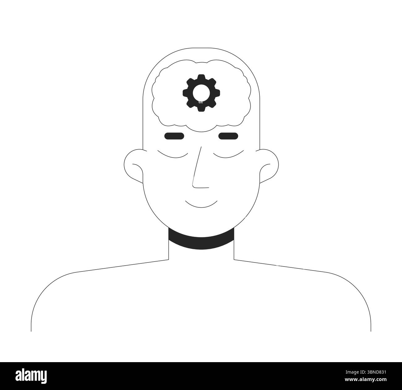 Mente umana con il simbolo del Brain Gear, personaggio di linea 2D. Illustrazione Vettoriale