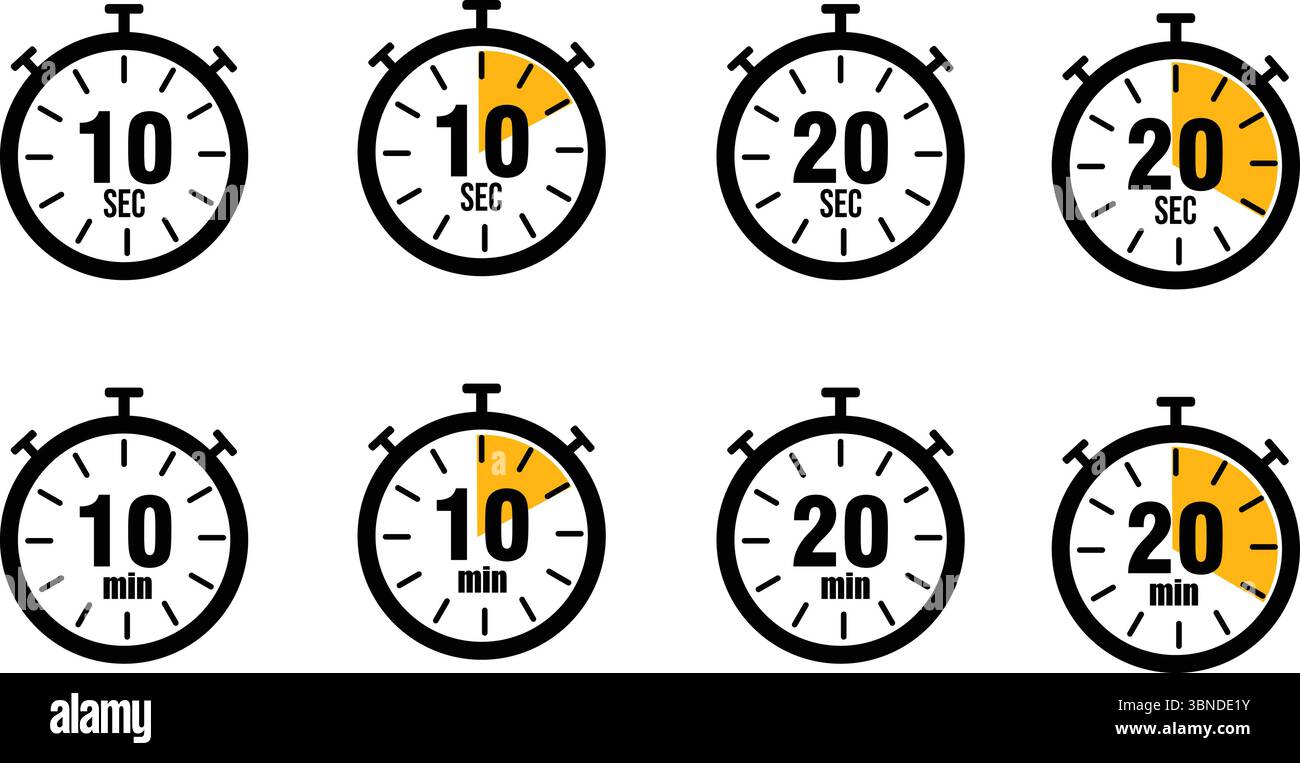 Icona cronometro Imposta grafica temporizzata per secondi e minuti Countdown grafica cronometro 10 icone da 20 secondi con sfondi trasparenti Illustrazione Vettoriale