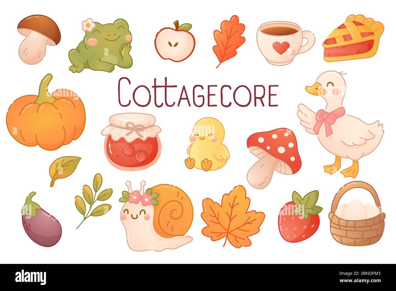 Grazioso set di illustrazioni a tema autunnale con funghi, anatra, rana, foglie, bacche e tè in morbido e accogliente stile cartoni animati. Illustrazione Vettoriale