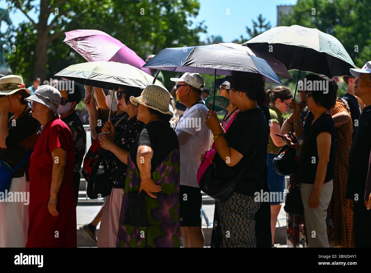 Parigi, Francia. 1 luglio 2025. I turisti a Notre Dame soffrono del caldo durante l'ondata di caldo 2025, a Parigi, Francia, il 1° luglio 2025 - 01/07/2025 - Francia/Parigi - Julien Mattia/le Pictorium credito: LE PICTORIUM/Alamy Live News Foto Stock