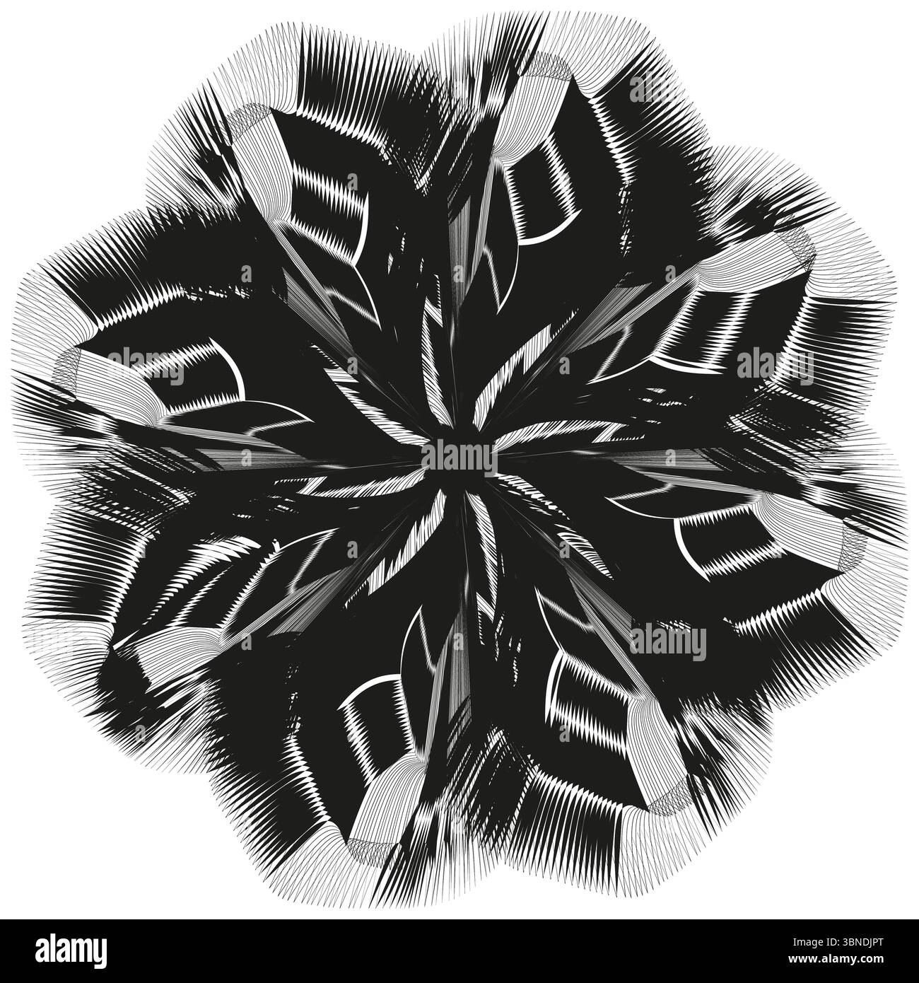 Icona caleidoscopio nera. Vortice stellare frastagliato. Vettoriale di scaglie dinamiche. Rotazione astratta in grassetto. Illustrazione Vettoriale