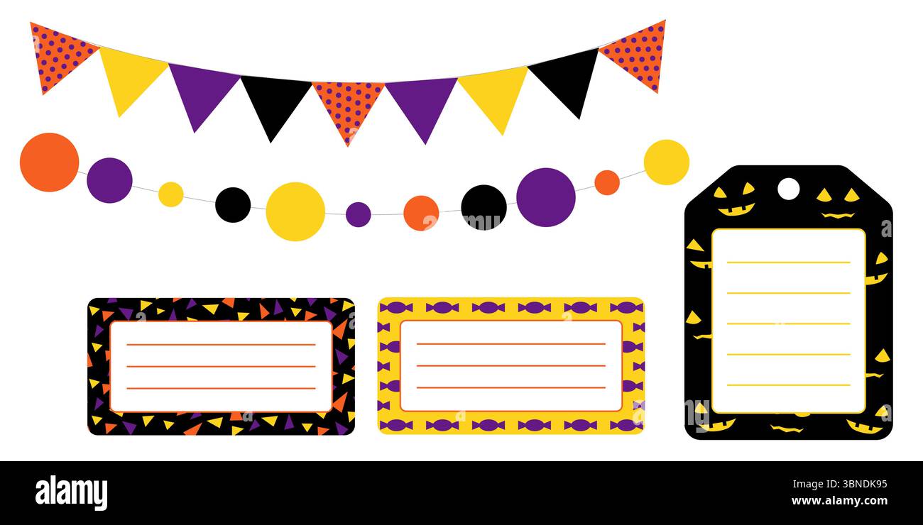 Spaventosa etichetta di Halloween e set di striscioni con ghirlande e adesivi colorati. Collezione di etichette viola, nero, arancione e giallo, con quadrati rotondi e. Illustrazione Vettoriale
