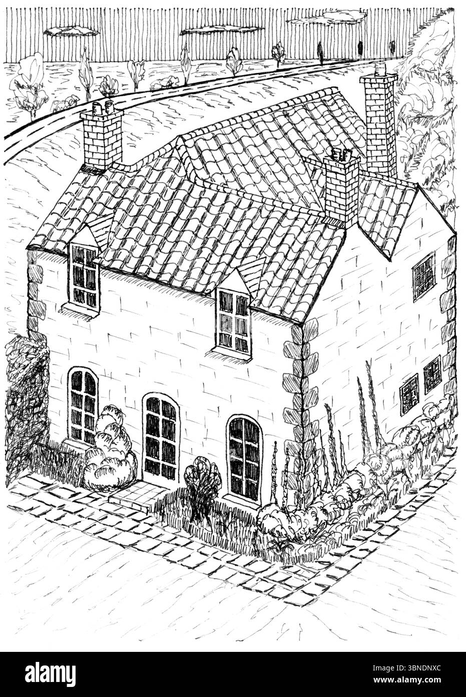Questo dettagliato schizzo disegnato a mano presenta un affascinante cottage rurale con un tetto piastrellato e diversi camini, circondato da una vegetazione lussureggiante e da un tortuoso Foto Stock